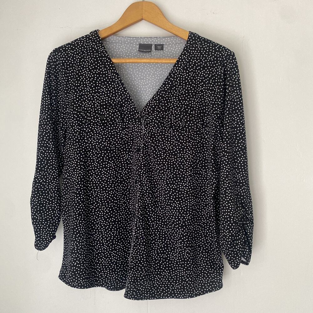 Covington Top Womens XL Black Polka Dot 3/4 Slv Stretch Button Up Ruched Sleeves